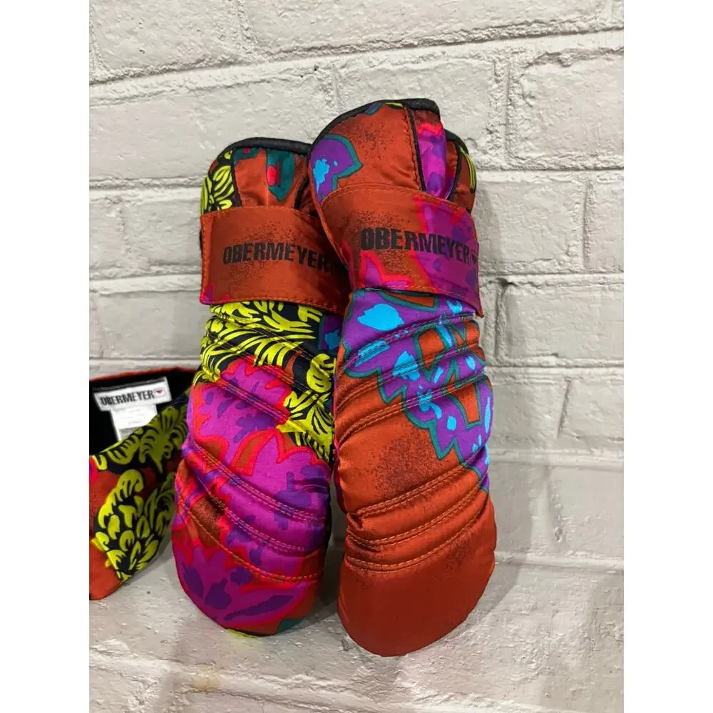 Vintage Obermeyer Ski Mittens + Headband Set Neon 80s 90s One Size Leather Palm